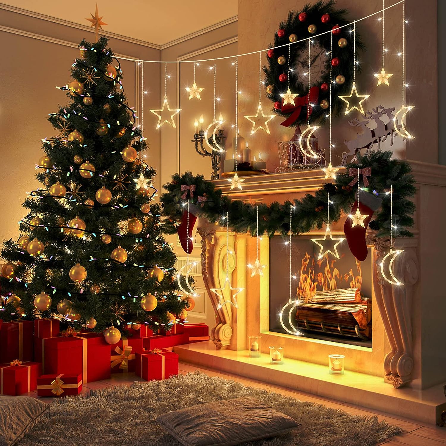 3.5m étoile lune LED rideau ch - Outdoor Power For Xmas Lights avis et prix